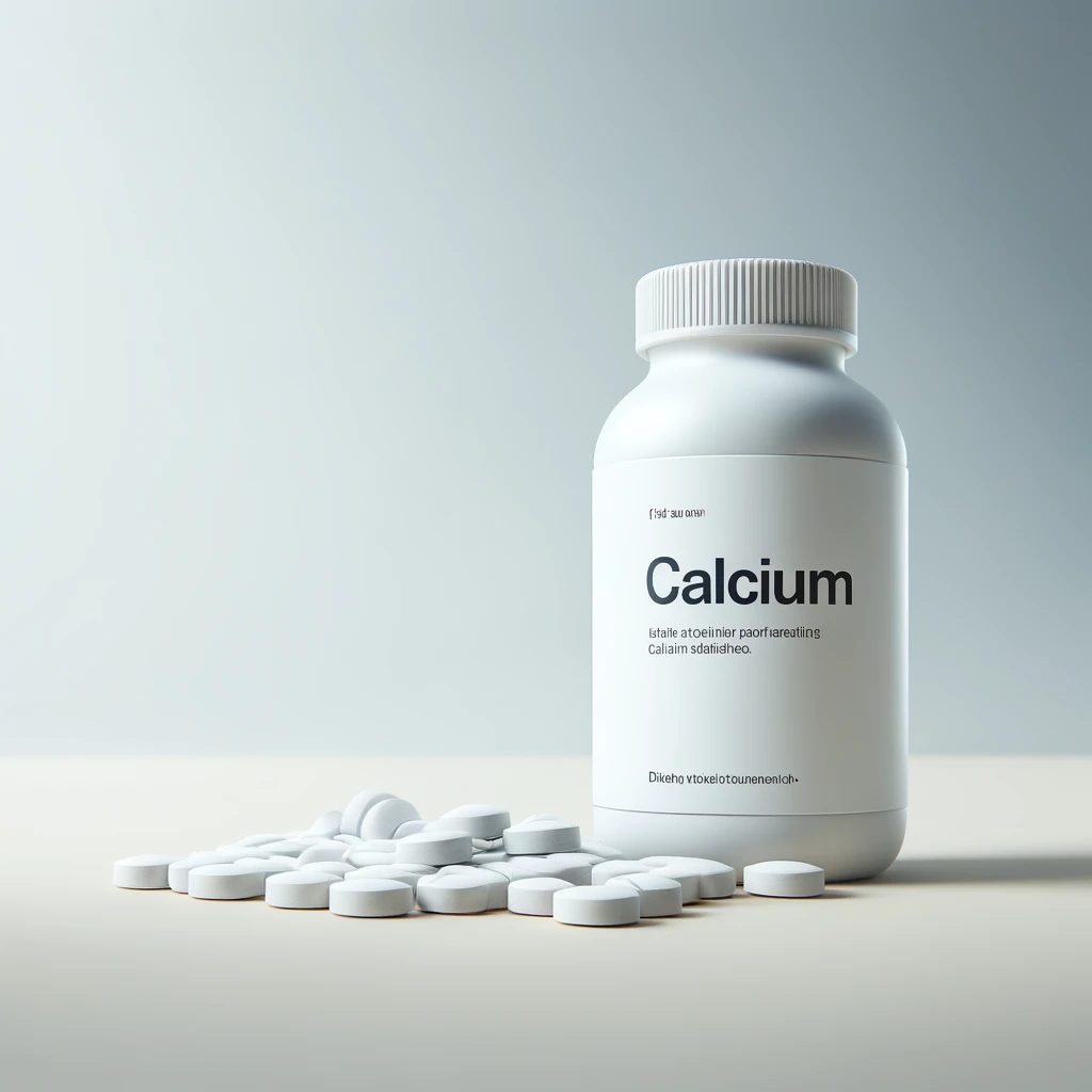 Calcium i en plastik beholder, foran beholderen ligger der kosttilskud i piller.