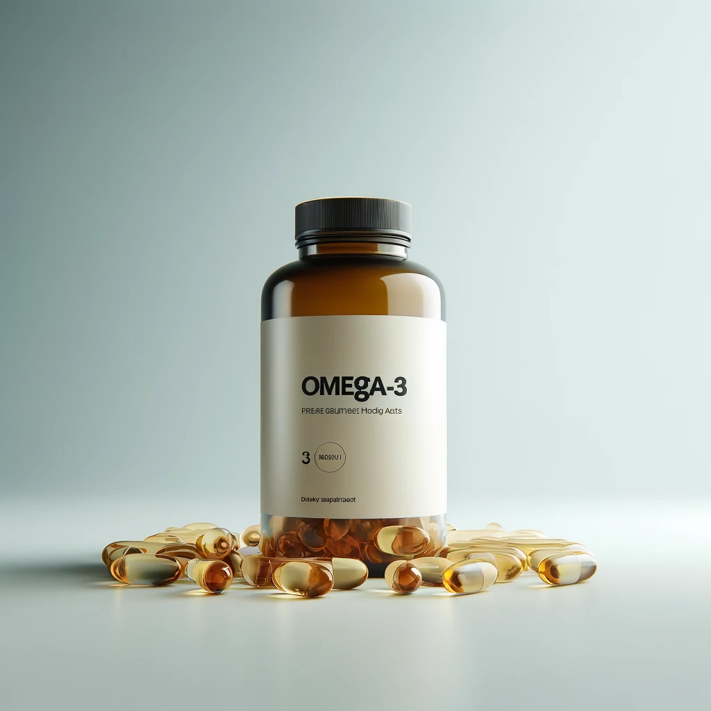 Beholder med omega-3 fedtsyrer i glas format, foran beholderen er der piller-formede omega-3 fedtsyrer.